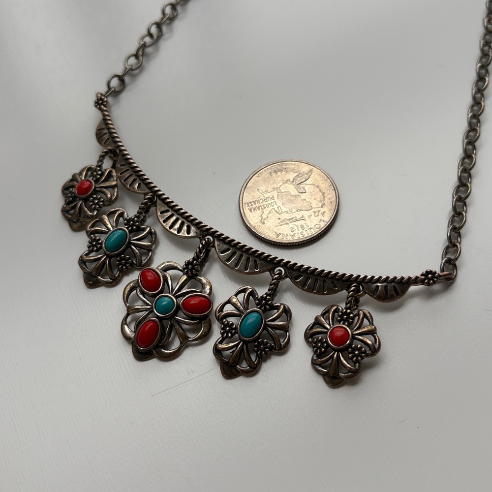925 silver Floral Drop Necklace with Red and Turquoise Accents